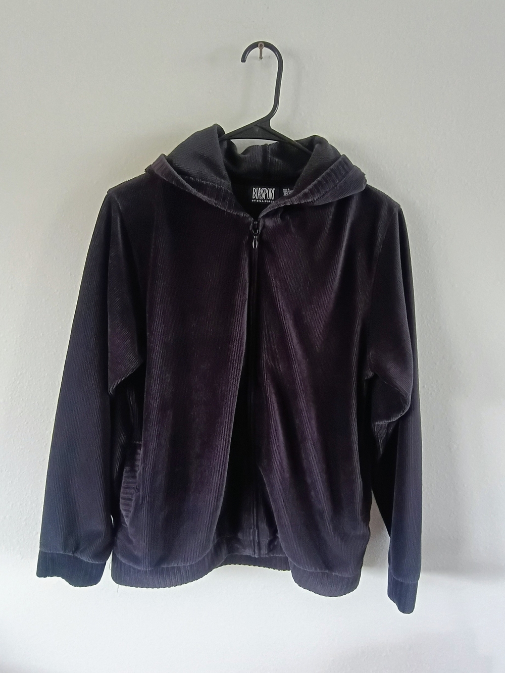 Vintage Bill Blass Black Velour Zip Hoodie Large Y2K Ribbed Lounge Jacket